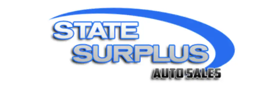 Logo for "State Surplus Auto Sales" with bold blue and gray text, featuring a large blue curved swoosh over the words on a white background—ideal for those seeking used police cars NJ, NY and PA.