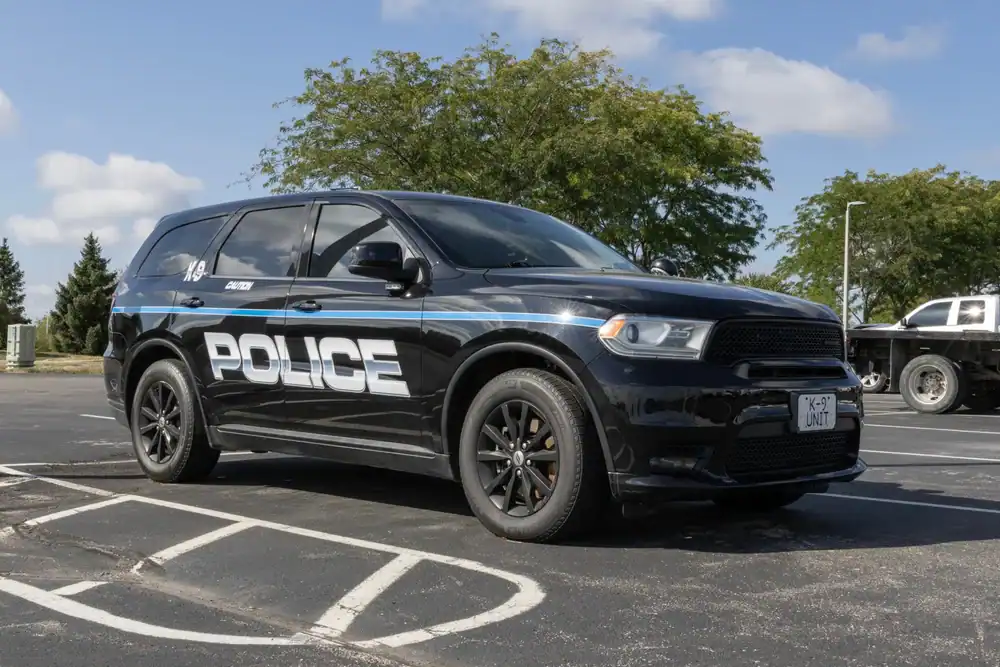 A black police SUV with "POLICE" in large white letters on the side, parked in a lot on a sunny day&mdash;typical of used police cars NJ or police interceptors NJ, NY and PA agencies often rely on. Trees and clouds form the background.