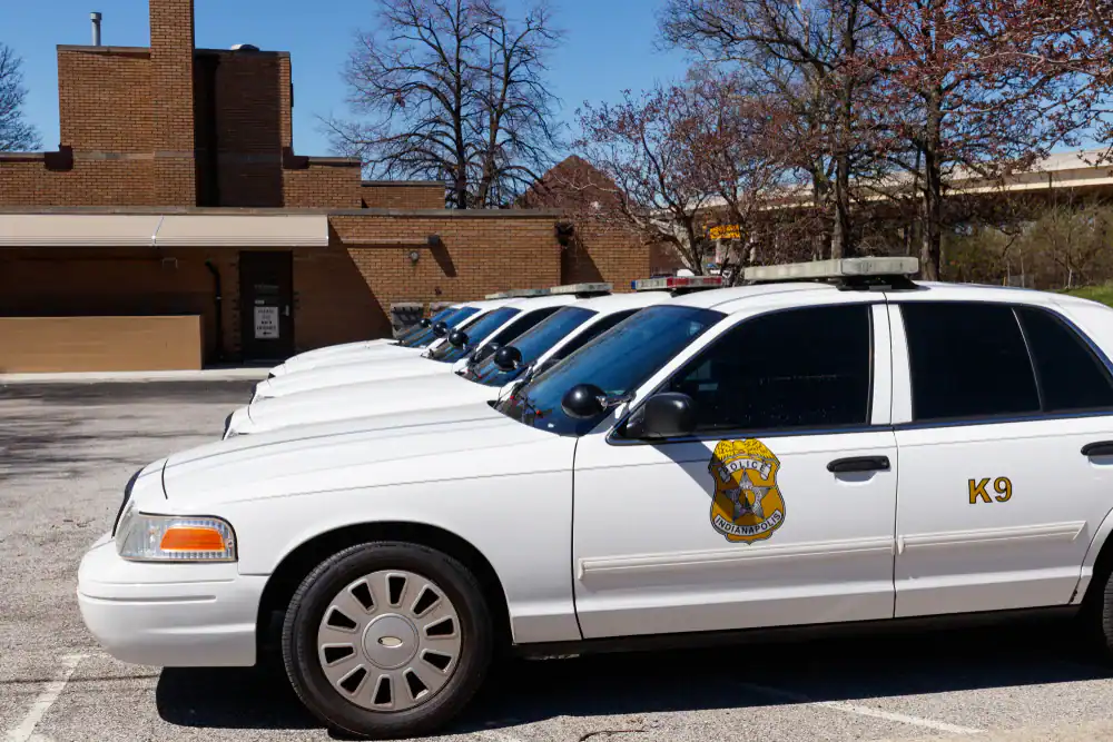 Four white police interceptors are parked in a row outside a brick building on a sunny day. Featuring department logos and "K9" on one car, these used police cars NJ stand ready, with trees visible in the background.