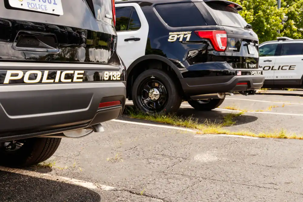 Three black and white police SUVs&mdash;classic police interceptors NJ, NY and PA&mdash;are parked in a row on an asphalt lot with grass sprouting through the cracks. &ldquo;POLICE&rdquo; and numbers are visible on their bumpers and sides.