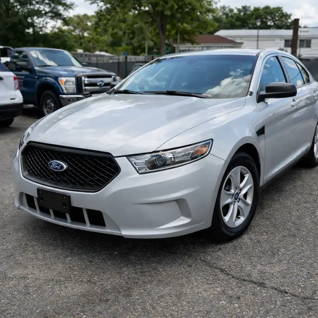 A silver Ford sedan, possibly one of the used police cars NJ offers, is parked in a lot on a cloudy day, with other vehicles and trees visible in the background.